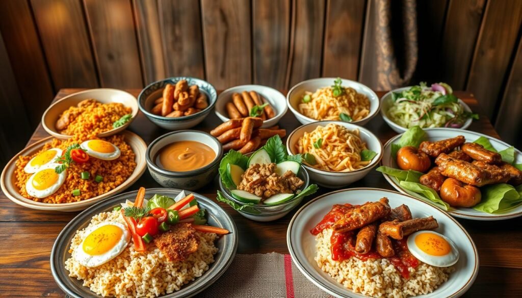 A beautifully arranged display of famous Indonesian dishes, capturing the essence of traditional Indonesian cuisine. In the foreground, vibrant plates of Nasi Goreng, adorned with fried eggs and garnished with fresh vegetables, and a colorful serving of Rendang, rich and spicy, paired with aromatic steamed rice. In the middle, bowls of Sate with peanut sauce and a side of fresh cucumber salad, alongside an elegant serving of Gado-Gado, showcasing the mix of textures and colors. The background features a rustic wooden table setting, complemented by traditional Indonesian batik cloth draping softly. Warm, natural lighting highlights the dishes, evoking a cozy, inviting atmosphere. The overall mood is one of celebration and warmth, reflecting Indonesia's rich culinary heritage.