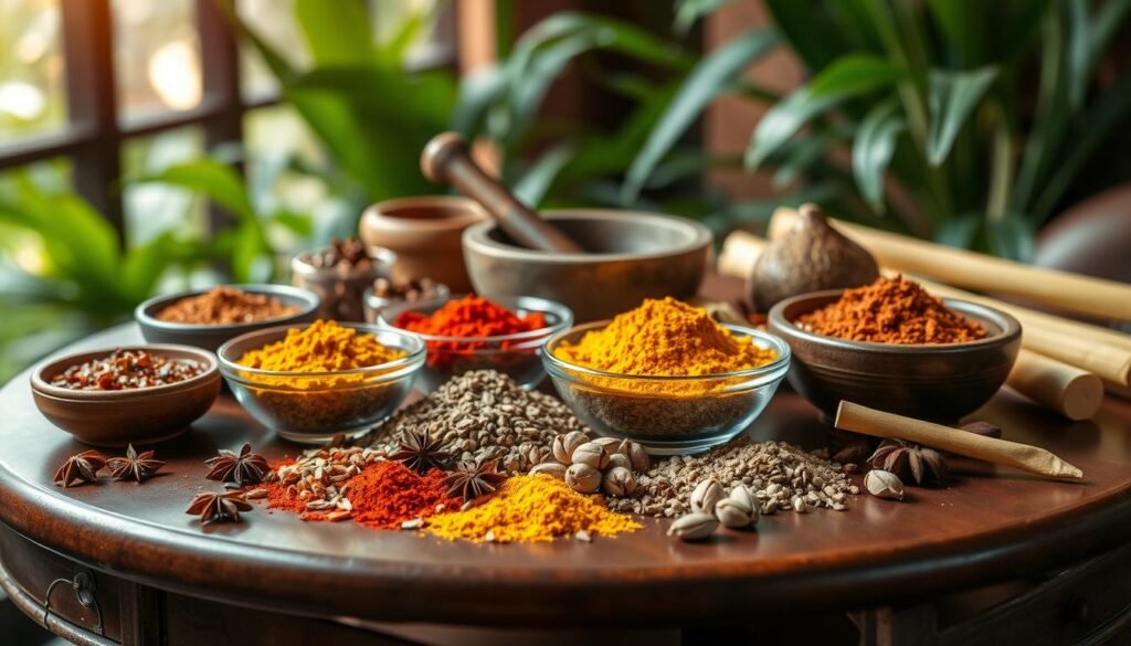 A beautifully arranged display of traditional Indonesian spices and condiments on an elegant wooden table. In the foreground, showcase vibrant bowls of sambal, turmeric, and rendang seasoning. Scatter raw spices like star anise, cardamom, and lemongrass around for texture. In the middle ground, include a mortar and pestle, hinting at the preparation process. The background should softly blur out with lush green leaves and tropical plants, creating an inviting atmosphere. Emphasize warm, soft lighting that highlights the rich colors of the spices. Use a shallow depth of field to make the foreground elements pop. The overall mood should feel warm, rich, and culturally vibrant, reflecting the essence of Indonesian cuisine.