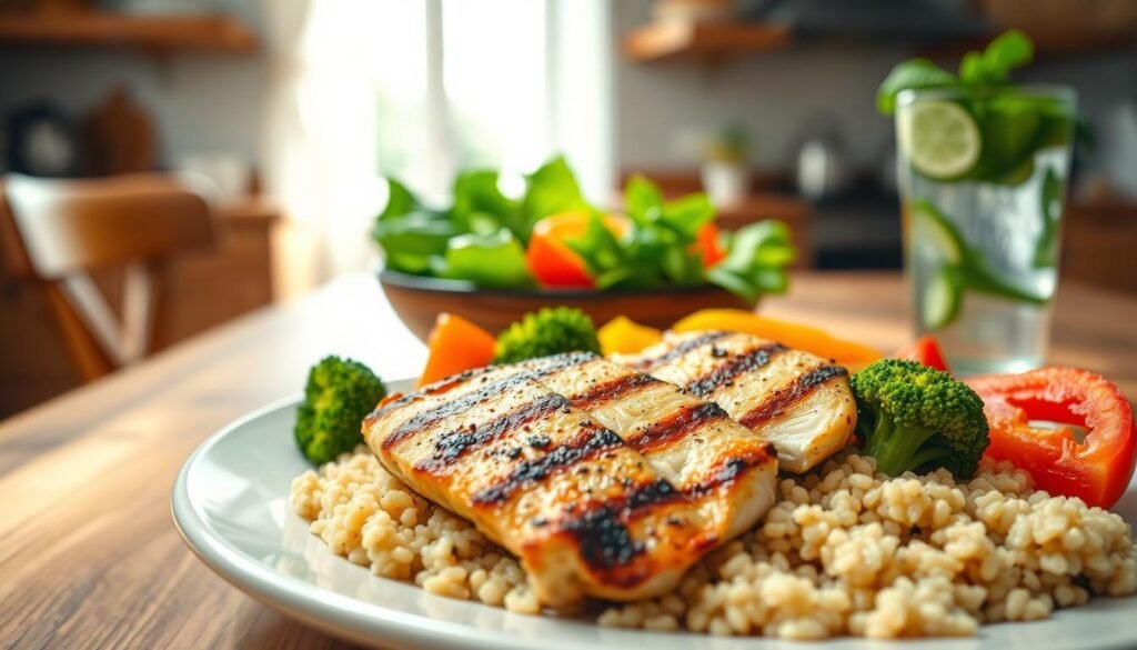 A beautifully arranged healthy meal focused on muscle health, featuring grilled chicken breast, quinoa, steamed broccoli, and colorful bell peppers. The foreground showcases a close-up of the plate, with vivid colors and texture highlighting the freshness of the food. In the middle ground, a rustic wooden dining table adds warmth, complemented by a vibrant green salad in a bowl and a glass of infused water with slices of lemon and mint. The background softly fades into a homey kitchen setting with natural light streaming in through a window, creating a bright and inviting atmosphere. The overall mood is wholesome and encouraging, reflecting a dedication to long-term wellness and prevention. The focus is on promoting a balanced and nutritious diet, with no distractions or clutter in the frame.