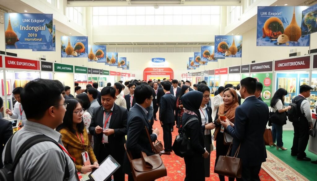A bustling international trade fair showcasing small to medium-sized enterprises (SMEs) from Indonesia. In the foreground, diverse business professionals, men and women dressed in smart business attire, engage in discussions and exchange business cards. The middle ground features vibrant booths displaying Indonesian products like textiles, handicrafts, and agricultural goods, beautifully arranged with eye-catching designs. The background reveals a well-lit convention center, adorned with banners promoting “UMK Ekspor Internasional” and images of global markets, exuding a sense of excitement and opportunity. Soft, natural lighting enhances the atmosphere, creating a welcoming and energetic mood. The perspective captures a dynamic angle to emphasize the interactions and exchange of ideas during this vibrant event. A bustling international trade fair showcasing small to medium-sized enterprises (SMEs) from Indonesia. In the foreground, diverse business professionals, men and women dressed in smart business attire, engage in discussions and exchange business cards. The middle ground features vibrant booths displaying Indonesian products like textiles, handicrafts, and agricultural goods, beautifully arranged with eye-catching designs. The background reveals a well-lit convention center, adorned with banners promoting “UMK Ekspor Internasional” and images of global markets, exuding a sense of excitement and opportunity. Soft, natural lighting enhances the atmosphere, creating a welcoming and energetic mood. The perspective captures a dynamic angle to emphasize the interactions and exchange of ideas during this vibrant event.