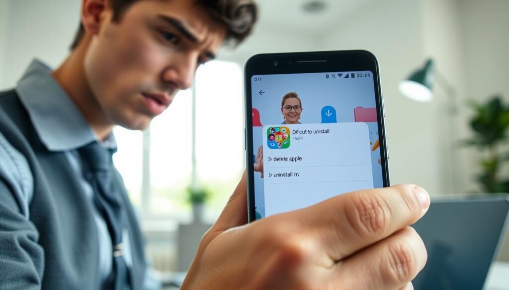 A close-up view of an Android smartphone screen displaying a frustrated user trying to delete an app labeled as "difficult to uninstall." The user, a young adult in professional attire, is tapping the screen with a perplexed expression. The smartphone screen shows a colorful, cluttered app layout with one specifically highlighted app that has a 'disable' button, but the 'uninstall' option is grayed out. In the middle ground, a laptop is partially visible, hinting at research on app management. The background features a well-lit, modern home office with soft, natural light coming through a window, creating a calm yet slightly frustrating atmosphere as the user focuses on the screen. A close-up view of an Android smartphone screen displaying a frustrated user trying to delete an app labeled as "difficult to uninstall." The user, a young adult in professional attire, is tapping the screen with a perplexed expression. The smartphone screen shows a colorful, cluttered app layout with one specifically highlighted app that has a 'disable' button, but the 'uninstall' option is grayed out. In the middle ground, a laptop is partially visible, hinting at research on app management. The background features a well-lit, modern home office with soft, natural light coming through a window, creating a calm yet slightly frustrating atmosphere as the user focuses on the screen.