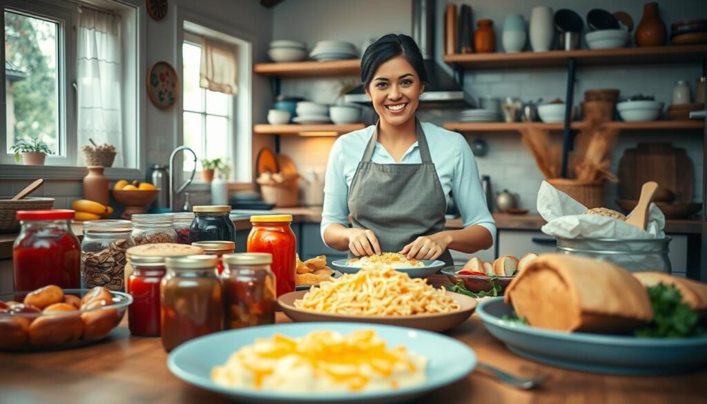 A cozy home kitchen setting, showcasing a vibrant array of homemade culinary delights ready for sale. In the foreground, a wooden table laden with colorful dishes, such as freshly baked pastries, jars of sauces, and artisanal bread, beautifully arranged. In the middle ground, a cheerful yet professional woman wearing a modest apron and business casual attire, skillfully preparing food with a smile, embodying the spirit of home-based entrepreneurship. The background features warm lighting, emphasizing a welcoming atmosphere, with shelves filled with ingredients and cooking utensils. The angle is slightly overhead, capturing both the chef's engagement with her work and the delicious offerings, creating a sense of opportunity and passion in the home culinary business landscape.