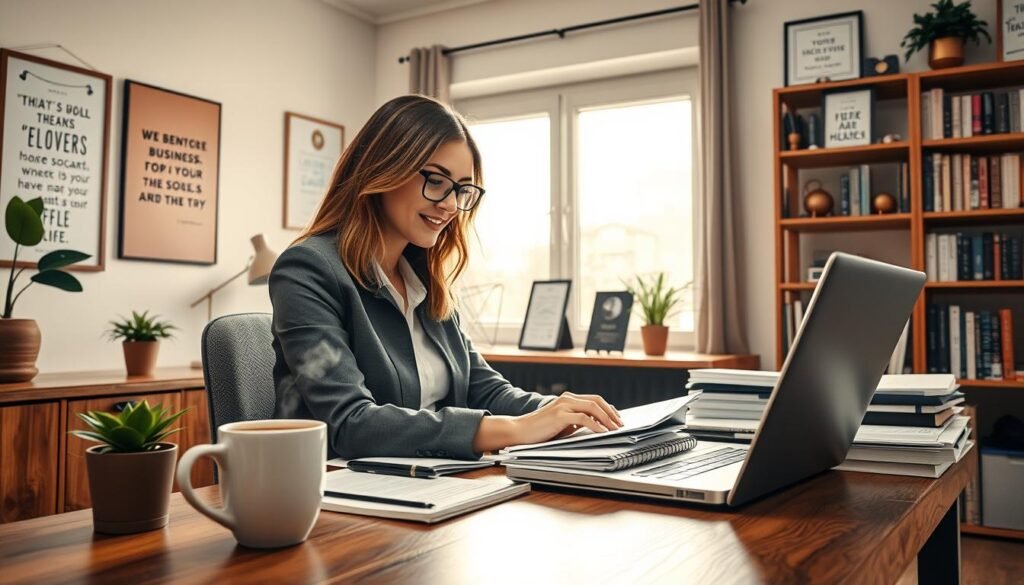 A cozy home office scene depicting a successful female entrepreneur in her late 30s, dressed in professional casual attire, working diligently at a stylish wooden desk cluttered with notebooks and a laptop. In the foreground, a cup of coffee with steam rising sits beside a small potted plant. The middle ground features a vision board on the wall with inspirational quotes and business tips pinned up. Behind her, a warm light filters through a large window, casting soft shadows and creating an inviting atmosphere. The room is tastefully decorated with motivational posters and shelves filled with books and awards, conveying a sense of ambition and productivity. The overall mood is focused and inspirational, emphasizing the theme of home business success without employees.