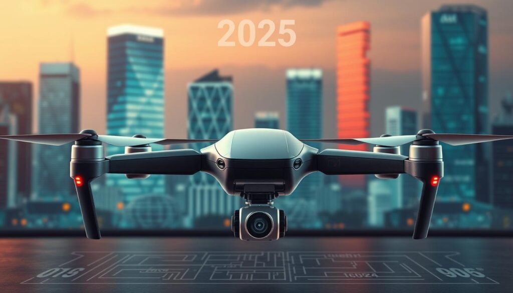 A detailed technical illustration of a futuristic drone for the year 2025, showcasing its sleek design and advanced features. In the foreground, the drone is prominently displayed with high-resolution textures, highlighting its innovative camera system, navigational sensors, and aerodynamic body. The middle ground includes a subtle blueprint overlay that illustrates the technical specifications and components, emphasizing its cutting-edge technology. The background features a high-tech urban skyline with soft, ambient lighting that enhances the modern atmosphere. Use a slightly elevated angle to capture the drone's profile against the skyline, utilizing dramatic lighting to create a sense of innovation and sophistication. The overall mood should convey a blend of professionalism and excitement about the future of drone technology. A detailed technical illustration of a futuristic drone for the year 2025, showcasing its sleek design and advanced features. In the foreground, the drone is prominently displayed with high-resolution textures, highlighting its innovative camera system, navigational sensors, and aerodynamic body. The middle ground includes a subtle blueprint overlay that illustrates the technical specifications and components, emphasizing its cutting-edge technology. The background features a high-tech urban skyline with soft, ambient lighting that enhances the modern atmosphere. Use a slightly elevated angle to capture the drone's profile against the skyline, utilizing dramatic lighting to create a sense of innovation and sophistication. The overall mood should convey a blend of professionalism and excitement about the future of drone technology.