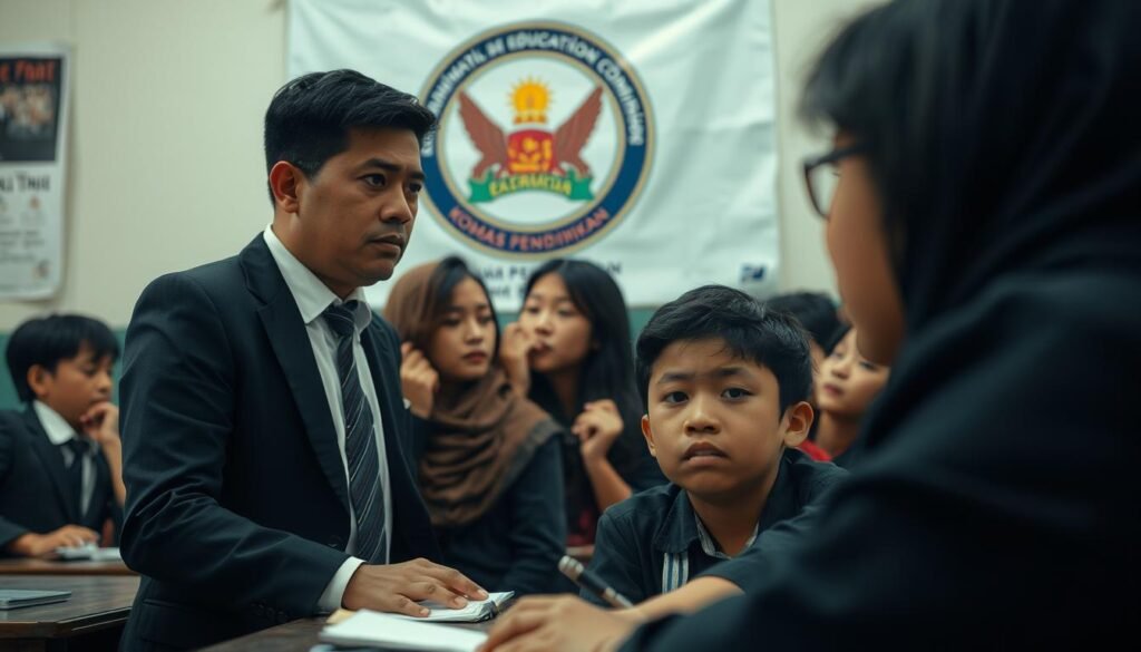 A dramatic scene capturing a tense moment in an educational setting. In the foreground, a concerned teacher in professional attire looks at two students, one visibly distressed, showing the emotional impact of inappropriate remarks. The middle ground features a composition of sympathetic classmates whispering and glancing towards the situation, creating a sense of community and support. In the background, a large poster of the National Education Commission (Komnas Pendidikan) emblem symbolizes their involvement. The lighting is soft but focused, highlighting the expressions on the faces, conveying a mood of seriousness and empathy. The angle is slightly low, giving a sense of urgency and gravity to the scenario, emphasizing the importance of addressing the issue of teacher conduct in schools. A dramatic scene capturing a tense moment in an educational setting. In the foreground, a concerned teacher in professional attire looks at two students, one visibly distressed, showing the emotional impact of inappropriate remarks. The middle ground features a composition of sympathetic classmates whispering and glancing towards the situation, creating a sense of community and support. In the background, a large poster of the National Education Commission (Komnas Pendidikan) emblem symbolizes their involvement. The lighting is soft but focused, highlighting the expressions on the faces, conveying a mood of seriousness and empathy. The angle is slightly low, giving a sense of urgency and gravity to the scenario, emphasizing the importance of addressing the issue of teacher conduct in schools.