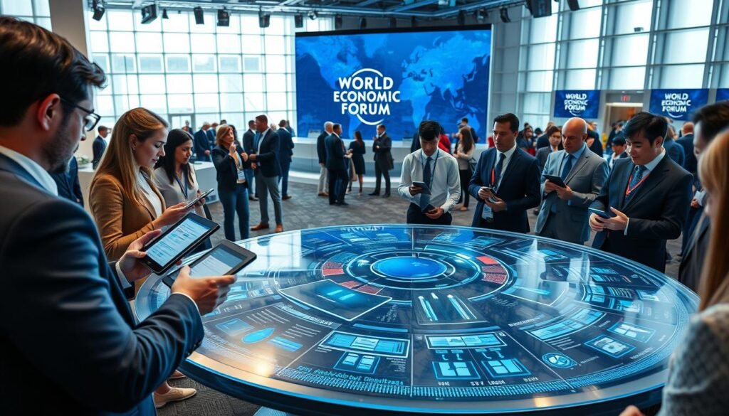 A dynamic scene representing the Fourth Industrial Revolution hub at the World Economic Forum. In the foreground, a diverse group of professionals in business attire engages in discussion, holding tablets and digital devices, symbolizing innovation and collaboration. The middle ground showcases a high-tech roundtable with futuristic holographic displays and interactive screens showing data visualization. In the background, a modern conference hall filled with light, featuring large windows that let in natural daylight, enhancing the vibrant atmosphere. The setting conveys a sense of urgency and productivity, with blue and silver tones dominating the palette to reflect technology and progress, all captured from a slightly elevated angle to provide a comprehensive view of the interactions and activities happening within this influential space.