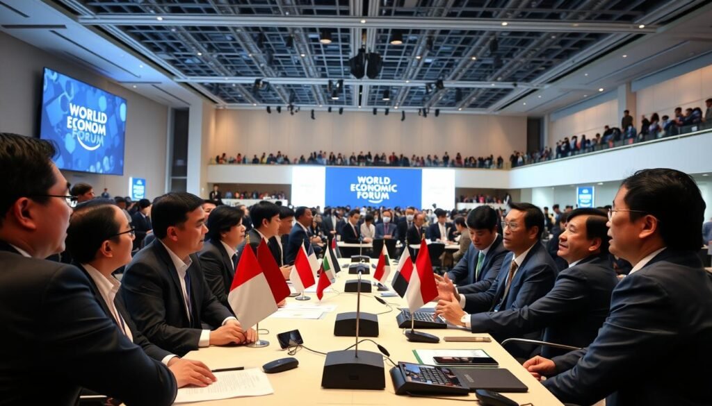 A dynamic scene showcasing Indonesia's participation at the World Economic Forum. In the foreground, a diverse group of Indonesian delegates in professional business attire engaged in discussion, with one speaker passionately presenting key points. The middle ground features a large conference table with high-tech gadgets and international flags, symbolizing global collaboration. The background displays a modern conference hall filled with attendees, bright lighting illuminating the space, creating an atmosphere of innovation and cooperation. The overall mood is optimistic and forward-looking, reflecting Indonesia's active role in global economic and political discussions. Shot from a slightly elevated angle to capture both the delegates and the bustling environment, emphasizing the significance of the event.