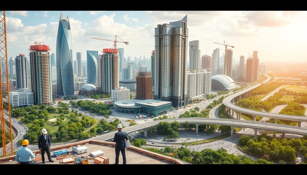 A dynamic urban landscape showcasing economic growth through infrastructure development. In the foreground, a construction site with workers in professional business attire diligently collaborating, including engineers and architects. The middle ground features modern skyscrapers and innovative buildings under construction, symbolizing progress and opportunity. In the background, a skyline filled with lush green parks and advanced transport systems, including roads and bridges, illustrates connectivity. The scene is bathed in warm, optimistic lighting, reflecting the potential for growth and prosperity. The perspective is slightly elevated, giving a comprehensive view of the bustling city, and creating a hopeful and energetic atmosphere that embodies the spirit of economic development. A dynamic urban landscape showcasing economic growth through infrastructure development. In the foreground, a construction site with workers in professional business attire diligently collaborating, including engineers and architects. The middle ground features modern skyscrapers and innovative buildings under construction, symbolizing progress and opportunity. In the background, a skyline filled with lush green parks and advanced transport systems, including roads and bridges, illustrates connectivity. The scene is bathed in warm, optimistic lighting, reflecting the potential for growth and prosperity. The perspective is slightly elevated, giving a comprehensive view of the bustling city, and creating a hopeful and energetic atmosphere that embodies the spirit of economic development.
