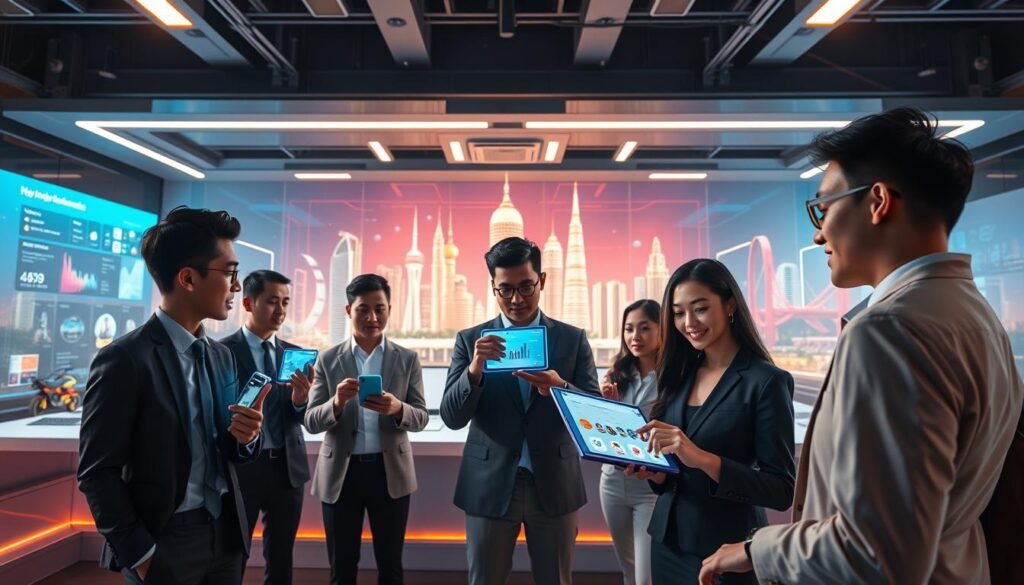 A futuristic scene showcasing the evolution of influencer marketing in Indonesia. In the foreground, a diverse group of influencers, dressed in professional business attire, are engaged with advanced digital devices like holographic displays showing analytics and social media feeds. In the middle ground, a sleek, high-tech workspace with vibrant colors and dynamic lighting, representing a modern agency environment. The background features iconic Indonesian landmarks subtly integrated into a digital landscape, symbolizing the local culture. The atmosphere is optimistic and energetic, illuminated with soft, inspiring lighting that conveys innovation and connection. The image is captured with a wide-angle lens, emphasizing depth and creativity, focusing on collaboration and the future of digital marketing. A futuristic scene showcasing the evolution of influencer marketing in Indonesia. In the foreground, a diverse group of influencers, dressed in professional business attire, are engaged with advanced digital devices like holographic displays showing analytics and social media feeds. In the middle ground, a sleek, high-tech workspace with vibrant colors and dynamic lighting, representing a modern agency environment. The background features iconic Indonesian landmarks subtly integrated into a digital landscape, symbolizing the local culture. The atmosphere is optimistic and energetic, illuminated with soft, inspiring lighting that conveys innovation and connection. The image is captured with a wide-angle lens, emphasizing depth and creativity, focusing on collaboration and the future of digital marketing.