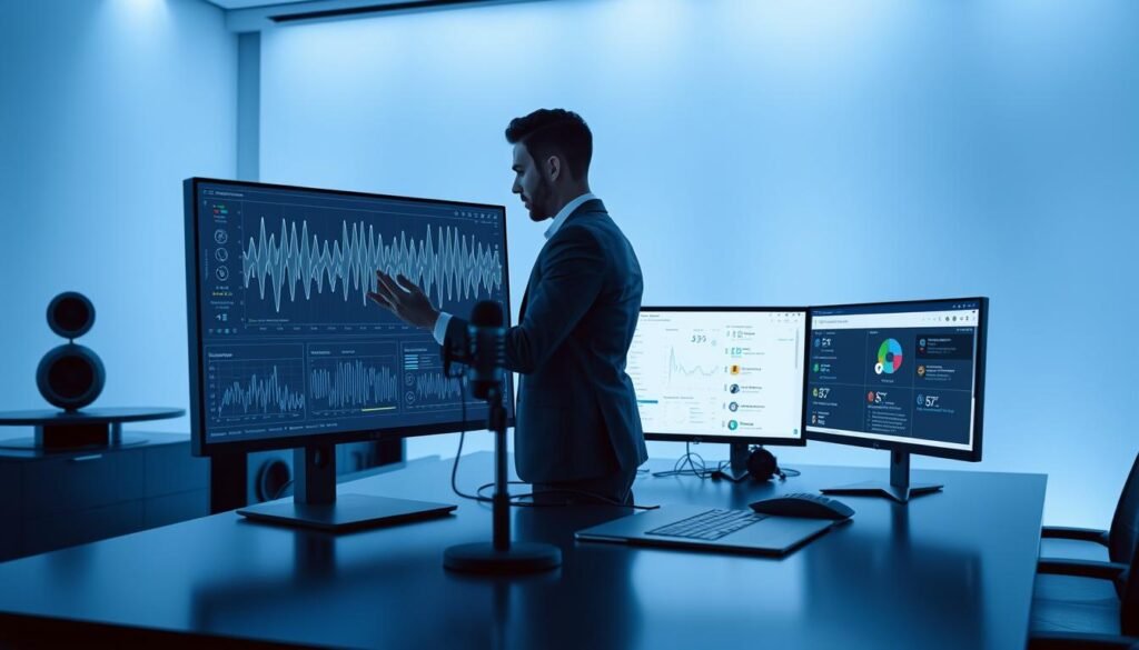 A futuristic, sleek workspace showcasing a dedicated voice recognition platform. In the foreground, a modern desk with a high-resolution monitor displaying intricate waveforms and visualizations of voice data. A professional in smart business attire is interacting with a microphone, demonstrating the technology’s capabilities. In the middle ground, two additional monitors, one showcasing analytics and the other featuring an interface of popular voice AI platforms like Retell AI and PolyAI, emphasize their specificity for various needs. The background glows with soft, cool blue lighting, providing a tech-savvy atmosphere. The scene is shot from a slightly elevated angle, giving a comprehensive view of the setup while highlighting the sophisticated tools for voice recognition development. The overall mood conveys innovation and professionalism, ideal for a cutting-edge tech environment. A futuristic, sleek workspace showcasing a dedicated voice recognition platform. In the foreground, a modern desk with a high-resolution monitor displaying intricate waveforms and visualizations of voice data. A professional in smart business attire is interacting with a microphone, demonstrating the technology’s capabilities. In the middle ground, two additional monitors, one showcasing analytics and the other featuring an interface of popular voice AI platforms like Retell AI and PolyAI, emphasize their specificity for various needs. The background glows with soft, cool blue lighting, providing a tech-savvy atmosphere. The scene is shot from a slightly elevated angle, giving a comprehensive view of the setup while highlighting the sophisticated tools for voice recognition development. The overall mood conveys innovation and professionalism, ideal for a cutting-edge tech environment.