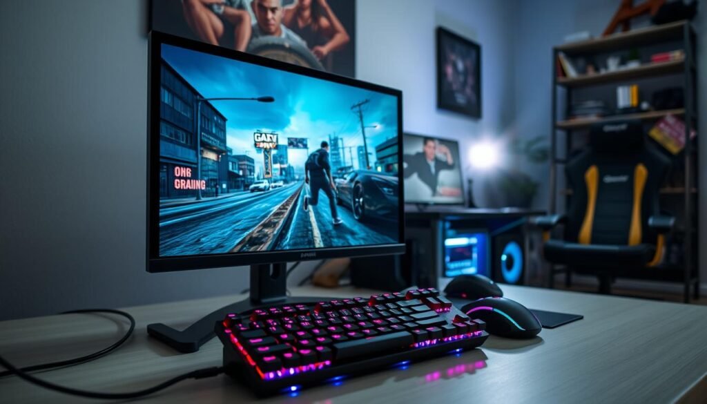 A high-end gaming PC setup, meticulously arranged in a well-lit home office environment. In the foreground, a sleek gaming monitor displays vibrant graphics from GTA V, showcasing an intense scene from the game. The middle ground features a stylish gaming keyboard and mouse with customizable RGB lighting, reflecting an immersive gaming atmosphere. In the background, a comfortable gaming chair and a shelf filled with gaming accessories create a cozy yet functional space. Soft, diffused lighting enhances the scene, with a lens flare effect for a dynamic feel. The overall mood is one of excitement and anticipation, emphasizing the importance of optimal preparation for an immersive gaming experience. A high-end gaming PC setup, meticulously arranged in a well-lit home office environment. In the foreground, a sleek gaming monitor displays vibrant graphics from GTA V, showcasing an intense scene from the game. The middle ground features a stylish gaming keyboard and mouse with customizable RGB lighting, reflecting an immersive gaming atmosphere. In the background, a comfortable gaming chair and a shelf filled with gaming accessories create a cozy yet functional space. Soft, diffused lighting enhances the scene, with a lens flare effect for a dynamic feel. The overall mood is one of excitement and anticipation, emphasizing the importance of optimal preparation for an immersive gaming experience.