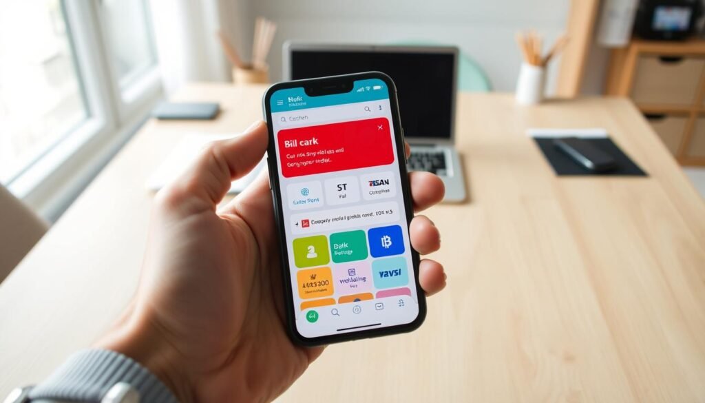 A modern mobile banking app interface displayed on a smartphone, showing a vibrant screen with various bill payment options and bank logos. The foreground features a hand holding the phone, showcasing a user-friendly, colorful app layout with clear icons. In the middle ground, a light wooden table provides a neutral backdrop, while a modern workspace setup is visible in the background, including a laptop and stationery. Soft, natural lighting illuminates the scene, enhancing the warm atmosphere of a home office. The angle captures the screen at a slight tilt, emphasizing the interaction of technology and convenience. The mood conveys a sense of simplicity and efficiency in managing finance through mobile banking.