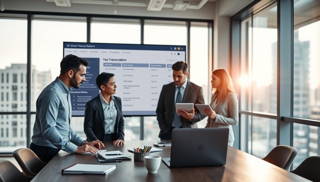 A modern office space featuring a sleek, digital transcription platform interface on a large monitor, showcasing real-time meeting transcriptions. In the foreground, a diverse group of three professionals—two men and one woman—are engaged in a discussion, dressed in business attire, as they interact with a laptop and a tablet. The middle section includes a stylish conference table with notebooks and pens scattered about, along with a coffee cup. The background displays large windows letting in soft natural light, creating a warm atmosphere. A subtle lens flare adds depth, while a blurred cityscape outside enhances the sense of professionalism and technology. The overall mood is collaborative and innovative, highlighting smart meeting notes and transcription solutions. A modern office space featuring a sleek, digital transcription platform interface on a large monitor, showcasing real-time meeting transcriptions. In the foreground, a diverse group of three professionals—two men and one woman—are engaged in a discussion, dressed in business attire, as they interact with a laptop and a tablet. The middle section includes a stylish conference table with notebooks and pens scattered about, along with a coffee cup. The background displays large windows letting in soft natural light, creating a warm atmosphere. A subtle lens flare adds depth, while a blurred cityscape outside enhances the sense of professionalism and technology. The overall mood is collaborative and innovative, highlighting smart meeting notes and transcription solutions.