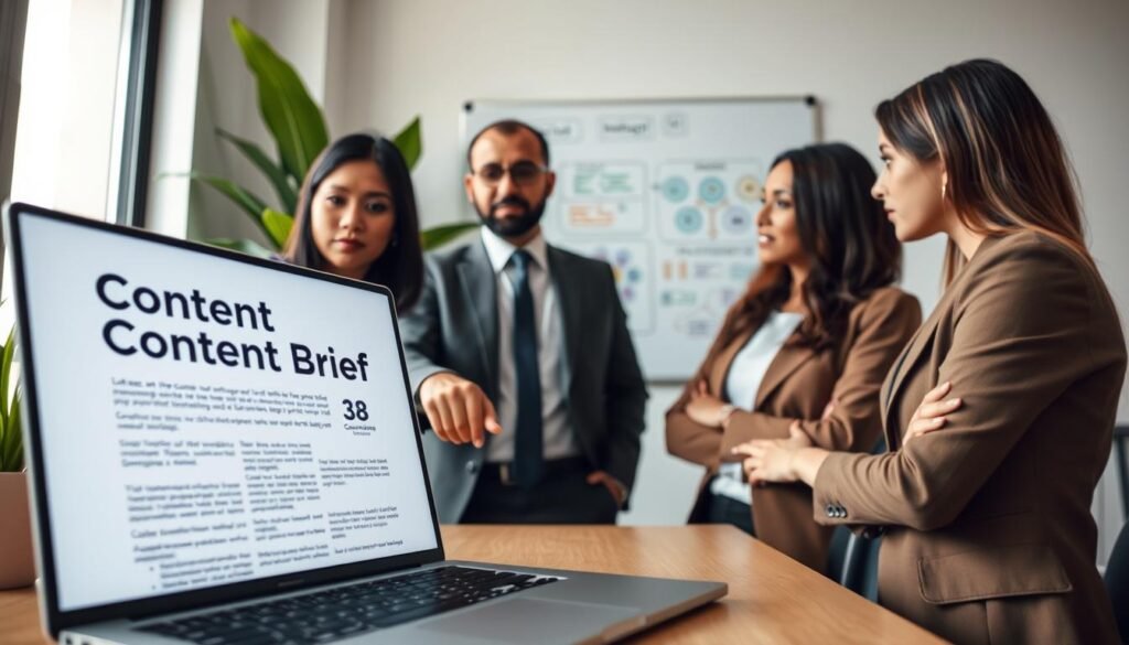 A modern, professional workspace featuring a laptop with an open document titled "Content Brief" prominently displayed on the screen. In the foreground, a diverse group of three professionals – a Southeast Asian woman in smart business attire, a Middle-Eastern man in a tailored suit, and a Caucasian woman in business casual – are engaged in a thoughtful discussion, pointing at the laptop. In the middle background, a whiteboard filled with colorful diagrams and notes about influencer marketing strategies. Soft, natural lighting comes from a nearby window, creating a warm atmosphere. The focus is on collaboration and creativity, with subtle hints of green indoor plants to add freshness to the scene. A shallow depth of field blurs the background slightly, emphasizing the group’s interaction and the content on the screen. A modern, professional workspace featuring a laptop with an open document titled "Content Brief" prominently displayed on the screen. In the foreground, a diverse group of three professionals – a Southeast Asian woman in smart business attire, a Middle-Eastern man in a tailored suit, and a Caucasian woman in business casual – are engaged in a thoughtful discussion, pointing at the laptop. In the middle background, a whiteboard filled with colorful diagrams and notes about influencer marketing strategies. Soft, natural lighting comes from a nearby window, creating a warm atmosphere. The focus is on collaboration and creativity, with subtle hints of green indoor plants to add freshness to the scene. A shallow depth of field blurs the background slightly, emphasizing the group’s interaction and the content on the screen.