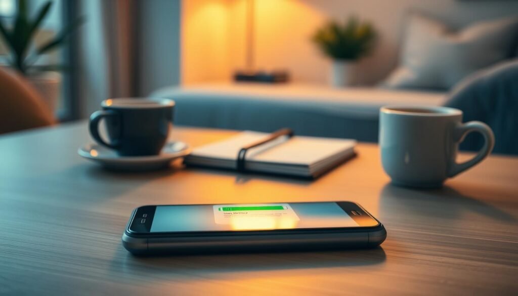 A modern smartphone displaying its battery-saving mode interface on the screen, set on a clean wooden table. In the foreground, the smartphone is illuminated with soft, warm lighting emphasizing its sleek design. Surrounding the phone are small, everyday items like a cup of coffee and a notepad, creating a cozy work atmosphere. The middle layer shows subtle reflections of light on the screen, indicating activity in battery optimization features. In the background, a softly blurred home setting with warm ambient lighting adds intimacy. The mood is focused and relaxed, perfect for a tutorial setting. The overall composition should inspire a sense of efficiency and practical technology use. A modern smartphone displaying its battery-saving mode interface on the screen, set on a clean wooden table. In the foreground, the smartphone is illuminated with soft, warm lighting emphasizing its sleek design. Surrounding the phone are small, everyday items like a cup of coffee and a notepad, creating a cozy work atmosphere. The middle layer shows subtle reflections of light on the screen, indicating activity in battery optimization features. In the background, a softly blurred home setting with warm ambient lighting adds intimacy. The mood is focused and relaxed, perfect for a tutorial setting. The overall composition should inspire a sense of efficiency and practical technology use.