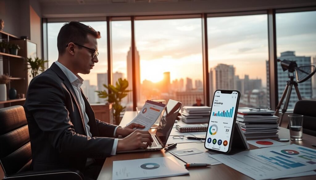 A modern workspace illustrating the challenges of a dropshipping business. In the foreground, a person in professional attire analyzes data on a laptop, looking thoughtful and focused. In the middle, a cluttered desk surrounded by documents, charts, and a smartphone displaying a dropshipping app, symbolizing decision-making pressure. In the background, a large window with an urban cityscape view, with the sun setting, casting warm light into the room, creating a reflective atmosphere. The scene conveys a sense of urgency and contemplation, representing the complexities of managing a dropshipping venture. The image should be well-lit and composed from a slightly elevated angle, adding depth and context to the busy environment. A modern workspace illustrating the challenges of a dropshipping business. In the foreground, a person in professional attire analyzes data on a laptop, looking thoughtful and focused. In the middle, a cluttered desk surrounded by documents, charts, and a smartphone displaying a dropshipping app, symbolizing decision-making pressure. In the background, a large window with an urban cityscape view, with the sun setting, casting warm light into the room, creating a reflective atmosphere. The scene conveys a sense of urgency and contemplation, representing the complexities of managing a dropshipping venture. The image should be well-lit and composed from a slightly elevated angle, adding depth and context to the busy environment.
