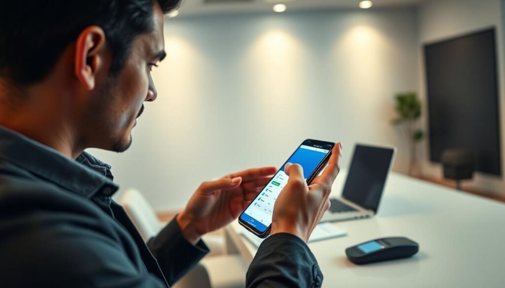 A professional individual interacting with a mobile banking application in an inviting office setting, showcasing tips for digital payment. In the foreground, the person, dressed in smart casual attire, focused intently on their smartphone displaying a banking app. In the middle ground, a neatly organized desk with financial documents, a laptop, and a digital payment device, emphasizing a modern financial atmosphere. The background features soft ambient lighting that enhances the space's professionalism, subtly reflecting on light-colored walls. The angle captures the user’s engagement, portraying a sense of trust and efficiency in digital transactions. The overall mood is calm and informative, aiming to educate viewers on digital payment tips.
