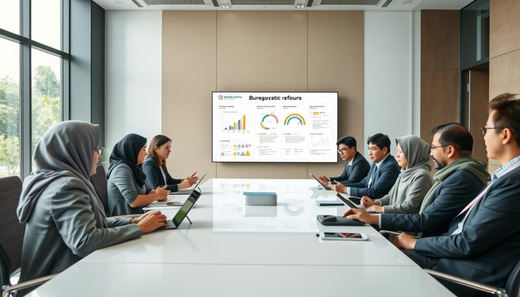 A professional setting showcasing a dynamic meeting focused on bureaucratic reform. In the foreground, a group of diverse individuals in business attire, including Rini Widyantini, the Minister of Administrative and Bureaucratic Reform, sitting around a modern conference table, engaged in discussion with digital devices in hand. In the middle, a large digital display screen showing graphs and flowcharts related to bureaucratic reform initiatives. The background features a sleek office environment with large windows allowing natural light to flood in, casting soft shadows. The overall atmosphere is one of collaboration, innovation, and determination, reflecting a progressive vision for public administration reform. The composition should have a balanced perspective, captured with a wide-angle lens to encompass the energy of the meeting space. A professional setting showcasing a dynamic meeting focused on bureaucratic reform. In the foreground, a group of diverse individuals in business attire, including Rini Widyantini, the Minister of Administrative and Bureaucratic Reform, sitting around a modern conference table, engaged in discussion with digital devices in hand. In the middle, a large digital display screen showing graphs and flowcharts related to bureaucratic reform initiatives. The background features a sleek office environment with large windows allowing natural light to flood in, casting soft shadows. The overall atmosphere is one of collaboration, innovation, and determination, reflecting a progressive vision for public administration reform. The composition should have a balanced perspective, captured with a wide-angle lens to encompass the energy of the meeting space.