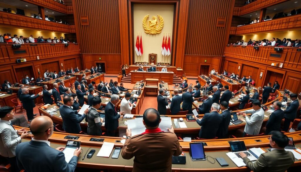 A scene depicting a vibrant and dynamic session of the Indonesian Parliament (DPR) featuring representatives from the Golkar Party engaged in discussions. In the foreground, focus on diverse politicians in professional business attire, animatedly sharing ideas and reviewing documents. The middle ground showcases an assembly of desks with papers and digital devices, while the backdrop features the grand architecture of the parliamentary hall, adorned with national symbols. Use warm, natural lighting to create an inviting atmosphere, emphasizing a sense of importance and urgency. Capture the scene from a slightly elevated angle to provide depth, reflecting the collaborative and energetic mood of political discourse. A scene depicting a vibrant and dynamic session of the Indonesian Parliament (DPR) featuring representatives from the Golkar Party engaged in discussions. In the foreground, focus on diverse politicians in professional business attire, animatedly sharing ideas and reviewing documents. The middle ground showcases an assembly of desks with papers and digital devices, while the backdrop features the grand architecture of the parliamentary hall, adorned with national symbols. Use warm, natural lighting to create an inviting atmosphere, emphasizing a sense of importance and urgency. Capture the scene from a slightly elevated angle to provide depth, reflecting the collaborative and energetic mood of political discourse.