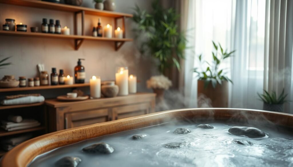 A serene spa environment showcasing a warm water therapy session for muscle relaxation. In the foreground, a vintage wooden bathtub filled with steaming water, surrounded by smooth stones and delicate candles glowing softly. To the side, a well-organized shelf with essential oils and herbal remedies. In the middle ground, soothing plants like bamboo and relaxing succulents contribute to the tranquil atmosphere. In the background, soft-focus light filters through a window adorned with sheer curtains, creating a warm, inviting glow. The overall mood is peaceful and calming, evoking a sense of exquisite relaxation and rejuvenation. The scene captures a moment of self-care, inviting viewers to immerse themselves in comfort and relief from muscle tension.