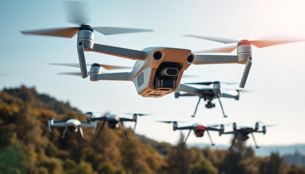 A sleek, cutting-edge drone hovering in mid-air, showcasing its advanced design with smooth lines and a high-tech finish. It is situated in the foreground, illuminated by a soft sunlight glow that highlights its features. In the middle ground, a diverse group of four drones with varying, innovative designs is displayed, each representing different capabilities such as aerial photography, racing, and surveillance. The background features a scenic landscape, perhaps a lush forest or an urban skyline, suggesting the versatile environments where these drones can be utilized. The scene should evoke a sense of innovation and excitement, with a clear blue sky adding to the vibrant atmosphere. The image should be shot from a slightly low angle to emphasize the drones' stature and importance. A sleek, cutting-edge drone hovering in mid-air, showcasing its advanced design with smooth lines and a high-tech finish. It is situated in the foreground, illuminated by a soft sunlight glow that highlights its features. In the middle ground, a diverse group of four drones with varying, innovative designs is displayed, each representing different capabilities such as aerial photography, racing, and surveillance. The background features a scenic landscape, perhaps a lush forest or an urban skyline, suggesting the versatile environments where these drones can be utilized. The scene should evoke a sense of innovation and excitement, with a clear blue sky adding to the vibrant atmosphere. The image should be shot from a slightly low angle to emphasize the drones' stature and importance.