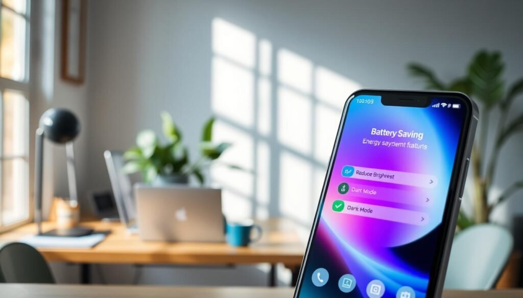 A smartphone displayed prominently in the foreground, with the screen showing a vibrant, energy-efficient interface that emphasizes battery-saving features like reduced brightness and dark mode. The middle ground features a cozy workspace setting, with a desk adorned with a plant and a laptop, conveying a sense of productivity and sustainability. In the background, soft natural light filters through a window, casting gentle shadows and creating a serene atmosphere. The overall color palette is calming, with blues and greens to evoke a sense of peace. The composition captures an inspiring, modern workspace that illustrates optimizing screen settings for maximum battery savings, without any text or additional distractions. A smartphone displayed prominently in the foreground, with the screen showing a vibrant, energy-efficient interface that emphasizes battery-saving features like reduced brightness and dark mode. The middle ground features a cozy workspace setting, with a desk adorned with a plant and a laptop, conveying a sense of productivity and sustainability. In the background, soft natural light filters through a window, casting gentle shadows and creating a serene atmosphere. The overall color palette is calming, with blues and greens to evoke a sense of peace. The composition captures an inspiring, modern workspace that illustrates optimizing screen settings for maximum battery savings, without any text or additional distractions.