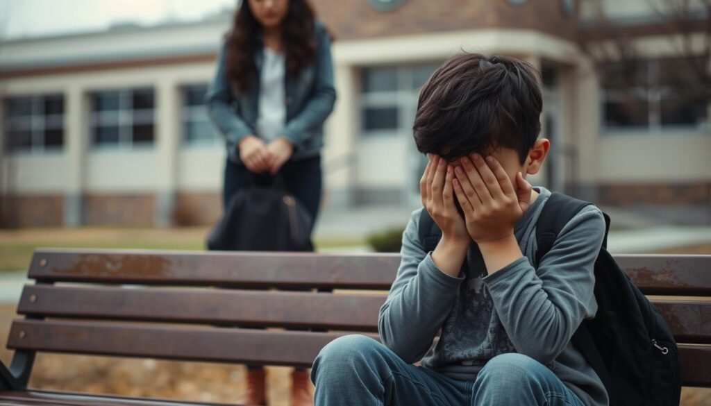 A somber scene depicting the psychological impact on victims and their families. In the foreground, a young student sitting on a school bench, looking distressed, with their hands covering their face and tears welling up in their eyes, dressed in modest casual clothing. In the middle ground, a parent stands nearby, holding their child’s backpack, with a worried expression, reflecting concern and empathy. Behind them, a school building can be seen, slightly blurred to emphasize the emotional focus. Soft, diffused lighting creates a melancholic atmosphere, with warm, muted tones. The image captures a poignant moment of vulnerability, highlighting the silent struggles faced by those affected. The composition should be shot from a slightly elevated angle to frame the emotional connection between the characters. A somber scene depicting the psychological impact on victims and their families. In the foreground, a young student sitting on a school bench, looking distressed, with their hands covering their face and tears welling up in their eyes, dressed in modest casual clothing. In the middle ground, a parent stands nearby, holding their child’s backpack, with a worried expression, reflecting concern and empathy. Behind them, a school building can be seen, slightly blurred to emphasize the emotional focus. Soft, diffused lighting creates a melancholic atmosphere, with warm, muted tones. The image captures a poignant moment of vulnerability, highlighting the silent struggles faced by those affected. The composition should be shot from a slightly elevated angle to frame the emotional connection between the characters.