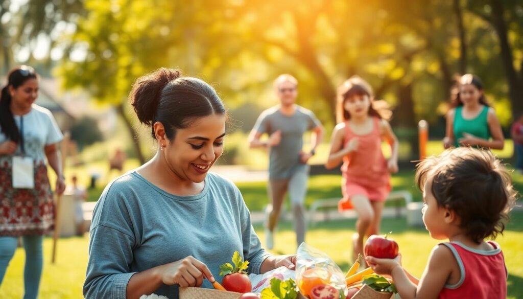 A vibrant and engaging scene depicting a diverse group of parents and children engaging in various health prevention strategies. In the foreground, a mother in casual, modest clothing is teaching her child about nutrition using fresh fruits and vegetables. In the middle ground, a father and daughter are practicing outdoor physical activities, such as jogging and playing catch. The background features a sunlit park setting, with trees and a playground, conveying a sense of community and wellbeing. The lighting is warm and inviting, emphasizing a healthy lifestyle. Capture the mood of positivity and empowerment, illustrating the importance of proactive health measures for children. Focus on a clear, natural perspective with a soft depth of field to maintain sharp attention on the interaction.
