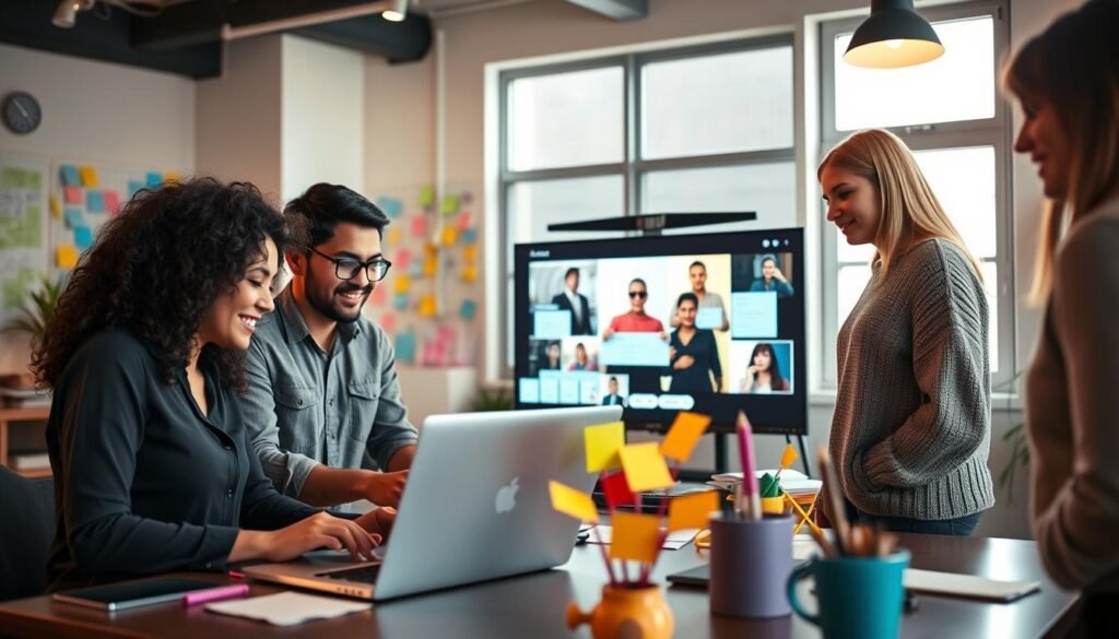 A vibrant and engaging workspace showing a diverse group of young professionals brainstorming strategies for captivating TikTok content. In the foreground, there are three individuals: a woman with curly hair in a smart blouse, a man with glasses in a casual shirt, and a woman with straight hair in a stylish sweater, all deeply focused on a laptop and a large screen displaying TikTok videos. The middle ground features a modern office setting with colorful post-it notes, a whiteboard filled with ideas, and creative props associated with social media. The background showcases an inviting window with natural light flooding the room, creating an inspiring atmosphere. The mood is energetic and collaborative, with warm lighting highlighting the team’s enthusiasm and creativity in developing innovative content strategies.