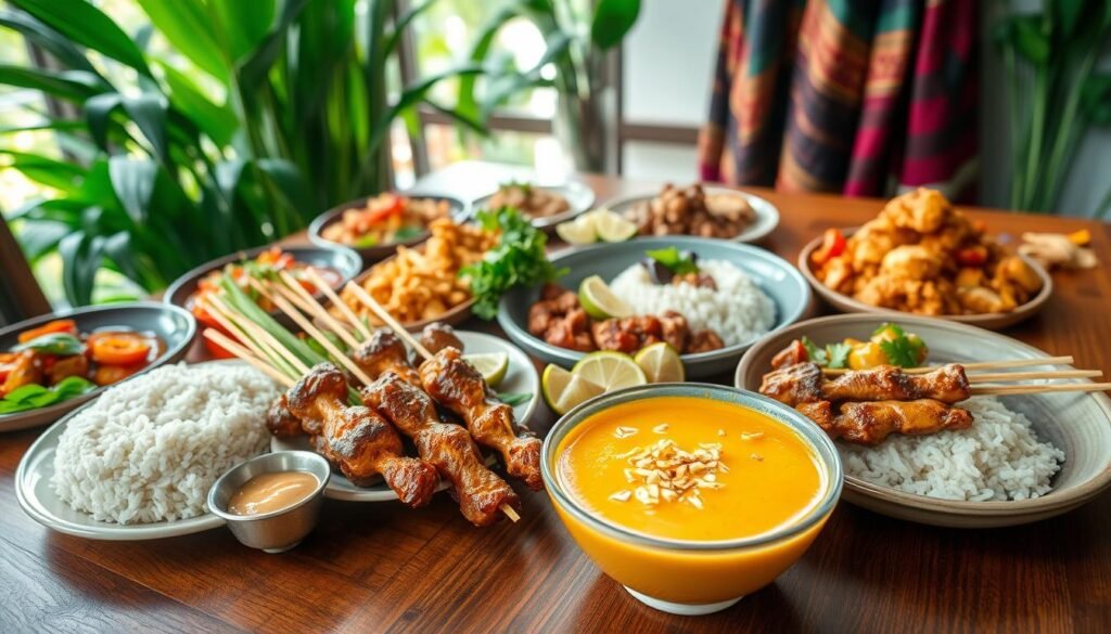 A vibrant array of traditional Indonesian foods displayed on a wooden dining table, showcasing dishes like Nasi Goreng, Rendang, and Satay with colorful garnishes of fresh herbs and vegetables. In the foreground, a beautifully arranged plate of Sate Ayam skewers with a small bowl of peanut sauce, surrounded by fragrant rice and spicy sambal. In the middle, a steaming bowl of Soto Ayam, rich in yellow turmeric broth, with lime wedges and crispy fried shallots. The background features lush greenery and traditional Indonesian textiles subtly draped, adding cultural texture. Soft, natural light filters in from the side, creating a warm and inviting atmosphere. The composition evokes a sense of culinary celebration and the diversity of Indonesia's viral food culture.