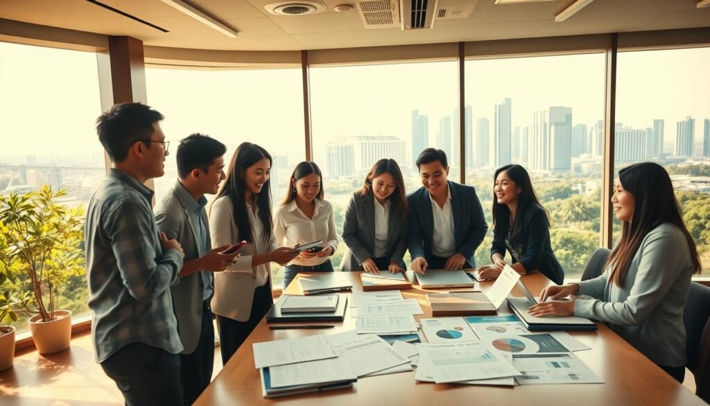 A vibrant, engaging scene depicting a high-potential conventional business environment in Indonesia. In the foreground, a diverse group of business professionals, dressed in smart casual attire, are engaged in a lively discussion around a table filled with market research documents and digital devices. The middle ground showcases a modern office setting with large windows letting in warm, natural light, displaying lush greenery outside, symbolizing growth and opportunity. The background reveals a panoramic view of the Indonesian skyline with skyscrapers, emphasizing economic potential. The overall atmosphere is dynamic and optimistic, conveying innovation and collaboration in traditional business. The camera angle is slightly elevated, focusing on the teamwork and energy in the room, illuminating the theme of high business potential.