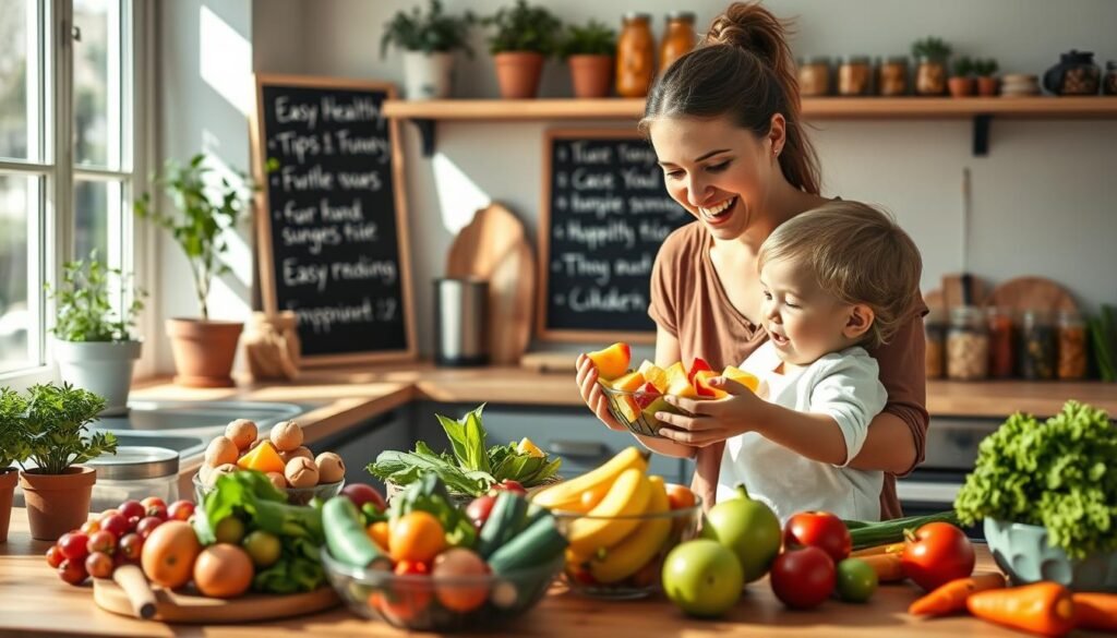 A vibrant kitchen scene filled with healthy food choices, showcasing a variety of fruits and vegetables on a wooden table. In the foreground, a mother in modest casual clothing is playfully engaging with her young child, who is happily holding a colorful bowl of sliced fruits. In the middle ground, the kitchen is adorned with potted herbs and jars of wholesome snacks, creating a warm and inviting atmosphere. Natural sunlight streams through a window, casting soft shadows and highlighting the freshness of the ingredients. In the background, a chalkboard displays easy health tips, emphasizing the importance of a balanced diet for children. The overall mood is cheerful and nurturing, conveying practical health tips for daily family life.