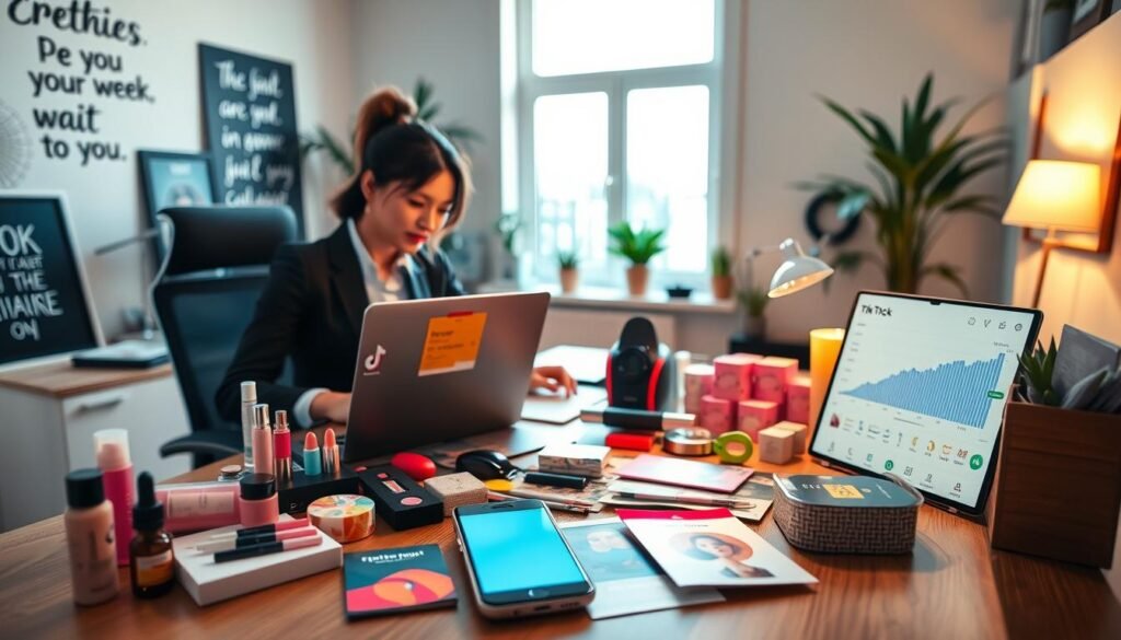 A vibrant workspace scene showcasing the initial preparations for setting up a TikTok shop. In the foreground, a person in professional business attire sits at a modern desk, organizing products such as cosmetics, fashion accessories, and gadgets, with a laptop displaying the TikTok platform. In the middle, colorful product packaging and promotional materials are spread out, alongside a smartphone showing a TikTok engagement graph. The background features a bright, stylish room with motivational quotes on the walls, plants, and a well-lit window allowing natural light to fill the space. Soft, warm lighting creates an inviting atmosphere, emphasizing focus and creativity, while a slight depth of field blurs the background slightly, drawing attention to the bustling activity in the foreground.