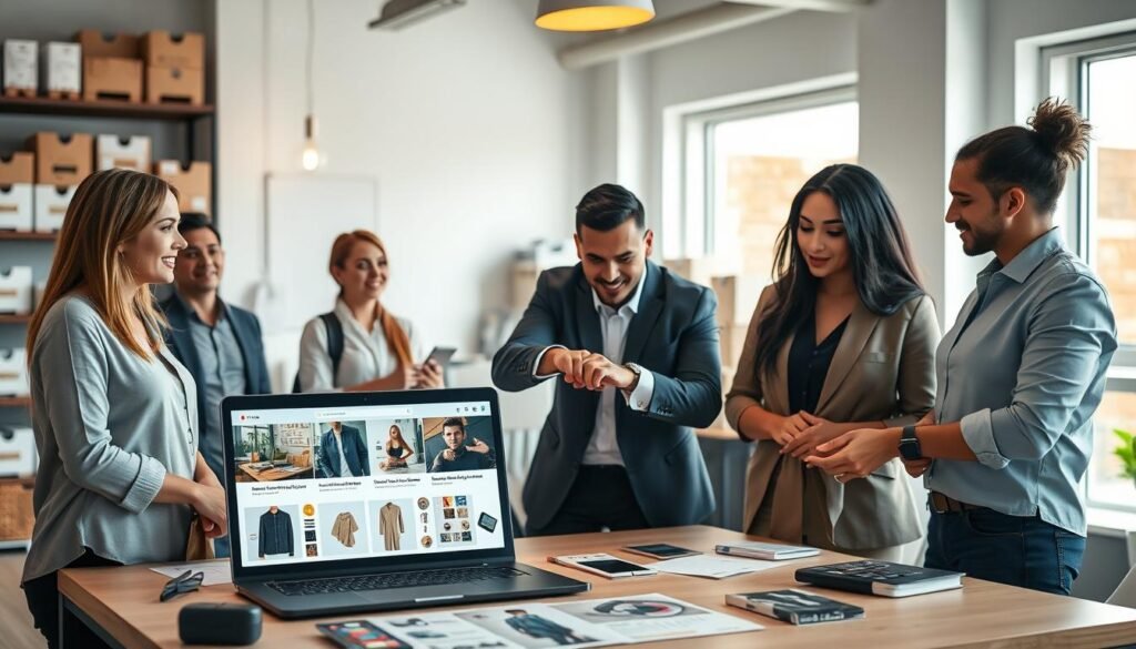 A visually appealing and professional workspace featuring a laptop displaying a dropshipping website on the screen, surrounded by various recommended dropshipping products such as stylish clothing, tech gadgets, and home decor items. In the foreground, a diverse group of professionals dressed in smart casual attire discusses strategies, with one actively pointing to the laptop screen. The middle of the image showcases product images arranged neatly on a table, with a warm, inviting light casting a soft glow. The background includes shelves filled with product boxes and a large window with natural light coming through, suggesting a bright and optimistic atmosphere. The overall mood is one of collaboration, innovation, and opportunity in the dropshipping business. A visually appealing and professional workspace featuring a laptop displaying a dropshipping website on the screen, surrounded by various recommended dropshipping products such as stylish clothing, tech gadgets, and home decor items. In the foreground, a diverse group of professionals dressed in smart casual attire discusses strategies, with one actively pointing to the laptop screen. The middle of the image showcases product images arranged neatly on a table, with a warm, inviting light casting a soft glow. The background includes shelves filled with product boxes and a large window with natural light coming through, suggesting a bright and optimistic atmosphere. The overall mood is one of collaboration, innovation, and opportunity in the dropshipping business.
