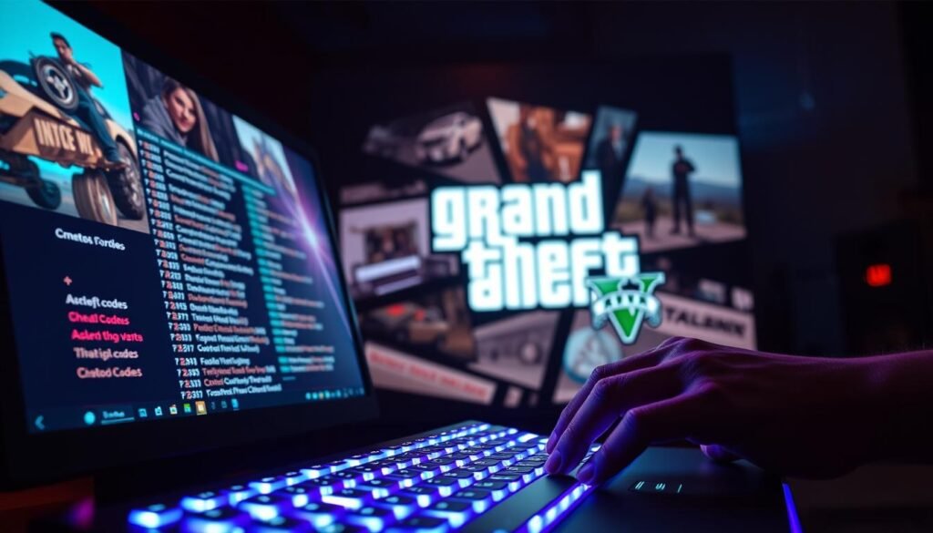 A visually striking scene showcasing a computer screen filled with the colorful interface of Grand Theft Auto V, featuring various cheat codes in an appealing font. In the foreground, a hand is poised over a sleek gaming keyboard, illuminated by blue and purple LED lights, suggesting an immersive gaming environment. In the middle, the iconic GTA V logo is subtly integrated into the background, surrounded by a dynamic burst of in-game action, such as vehicles and characters. The background is dark with soft glows emanating from the screen, creating a moody, intense atmosphere. The lighting should evoke a sense of excitement and mystery, perfect for capturing the allure of powerful cheat codes in gaming, without any text or distractions. A visually striking scene showcasing a computer screen filled with the colorful interface of Grand Theft Auto V, featuring various cheat codes in an appealing font. In the foreground, a hand is poised over a sleek gaming keyboard, illuminated by blue and purple LED lights, suggesting an immersive gaming environment. In the middle, the iconic GTA V logo is subtly integrated into the background, surrounded by a dynamic burst of in-game action, such as vehicles and characters. The background is dark with soft glows emanating from the screen, creating a moody, intense atmosphere. The lighting should evoke a sense of excitement and mystery, perfect for capturing the allure of powerful cheat codes in gaming, without any text or distractions.