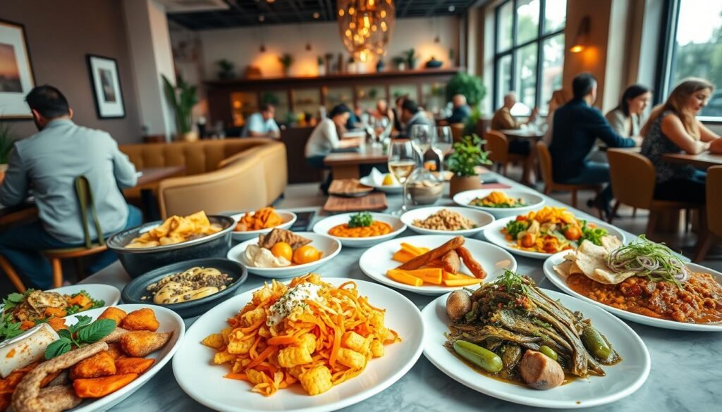 An inviting and vibrant scene of a popular culinary restaurant known for its Instagram-worthy dishes. In the foreground, a beautifully arranged table featuring colorful, artistic plates of food, showcasing diverse cuisines. The middle ground includes a stylish, modern interior with cozy seating arrangements and subtle decor elements like plants and artwork. The background reveals large windows with natural light streaming in, creating a warm and welcoming atmosphere. Capture the bustling energy of patrons enjoying their meals, dressed in modest casual clothing. Use soft, diffused lighting to enhance the textures of the food and the ambiance. A wide-angle perspective emphasizes the lively space filled with enticing culinary delights.