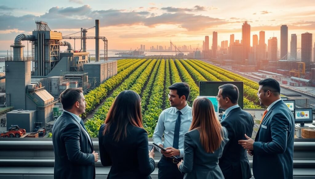 A beautifully composed image showcasing the concept of value-added applications across various industries. In the foreground, a diverse group of professionals in business attire engaged in a collaborative discussion, highlighting teamwork and innovation. In the middle ground, distinct industrial settings are depicted: a modern factory with high-tech machinery, a bustling agricultural farm demonstrating sustainable practices, and a sophisticated tech company with screens displaying data analysis. The background features a city skyline blending nature with industry, symbolizing progress. Soft, warm lighting enhances productivity and optimism, with a slight lens blur on the edges to focus attention on the professionals. The overall atmosphere is one of collaboration, growth, and forward-thinking in the business landscape.