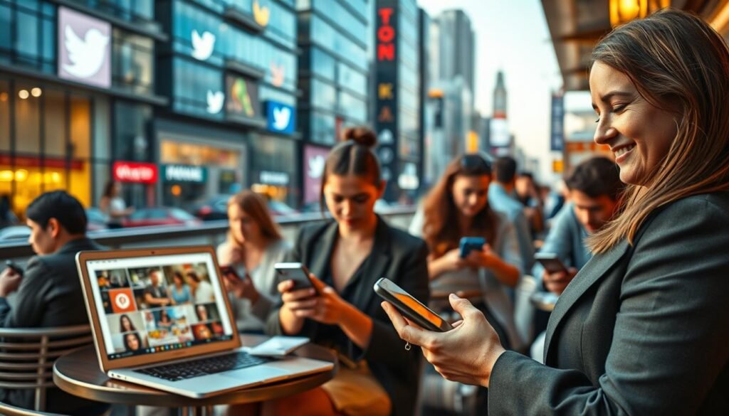 A bustling urban scene depicting the influence of social media on individual lifestyles, showcasing a diverse group of people engaged with their devices. In the foreground, a young woman in professional business attire holds a smartphone, smiling as she interacts with her online network, a laptop displaying social media platforms beside her. In the middle, several individuals are seated at a café, each absorbed in their screens, while others enjoy face-to-face conversations, illustrating the blend of real and digital interactions. The background features a vibrant cityscape with social media icons subtly integrated into the architecture, symbolizing the pervasive presence of technology. The atmosphere is lively and dynamic, with warm natural lighting highlighting the human connections amidst digital distractions, using a slightly blurred lens effect to capture the vibrant energy of modern life. A bustling urban scene depicting the influence of social media on individual lifestyles, showcasing a diverse group of people engaged with their devices. In the foreground, a young woman in professional business attire holds a smartphone, smiling as she interacts with her online network, a laptop displaying social media platforms beside her. In the middle, several individuals are seated at a café, each absorbed in their screens, while others enjoy face-to-face conversations, illustrating the blend of real and digital interactions. The background features a vibrant cityscape with social media icons subtly integrated into the architecture, symbolizing the pervasive presence of technology. The atmosphere is lively and dynamic, with warm natural lighting highlighting the human connections amidst digital distractions, using a slightly blurred lens effect to capture the vibrant energy of modern life.