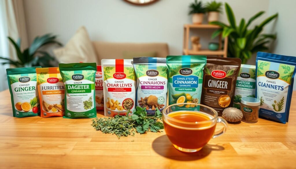 A neatly arranged display of herbal products specifically designed for diabetes management, featuring various packages of herbal teas, supplements, and powders. In the foreground, a colorful assortment of product labels highlighting natural ingredients such as ginger, cinnamon, and bitter melon. The middle ground showcases a wooden table adorned with fresh herbs and a steaming cup of herbal tea. The background includes a softly blurred indoor setting with warm, diffuse lighting creating an inviting atmosphere. The angle should be slightly overhead, focusing on the products and their natural components. The mood is positive and health-focused, emphasizing a holistic approach to diabetes care, free of any text or branding.