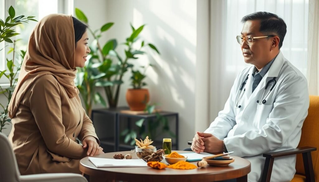 A professional doctor in a white lab coat sits across from a patient in a cozy, well-lit consultation room. The doctor, a middle-aged Asian man with glasses, is attentively listening to the patient, an Indonesian woman in modest business attire. On the table between them are various herbal remedies like ginseng and turmeric, along with a notepad and pen. Soft natural light filters through a window adorned with green plants in the background, creating a calming atmosphere. The image captures the essence of a serious and caring consultation on herbal medicine for diabetes, emphasizing the importance of professional guidance in health-related matters. The composition is close-up, focusing on the respectful exchange between the two, with a warm and inviting color palette to reflect trust and professionalism.