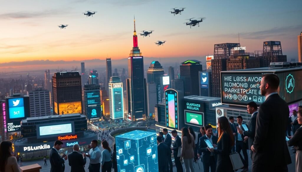 A vibrant and dynamic cityscape at twilight, showcasing a bustling digital marketplace symbolizing social media's role as a catalyst for technological advancement. In the foreground, diverse professionals in business attire are interacting with holographic digital devices, representing the convergence of technology and social media. The middle ground features futuristic buildings integrated with digital signage and social media icons, glowing with neon lights. The background depicts a skyline with satellites and drones flying above, emphasizing innovation and connectivity. Soft, diffuse lighting enhances the atmosphere, creating a sense of excitement and collaboration in a modern technological environment. The scene should exude energy, progress, and a harmonious blend of human and technological interaction. A vibrant and dynamic cityscape at twilight, showcasing a bustling digital marketplace symbolizing social media's role as a catalyst for technological advancement. In the foreground, diverse professionals in business attire are interacting with holographic digital devices, representing the convergence of technology and social media. The middle ground features futuristic buildings integrated with digital signage and social media icons, glowing with neon lights. The background depicts a skyline with satellites and drones flying above, emphasizing innovation and connectivity. Soft, diffuse lighting enhances the atmosphere, creating a sense of excitement and collaboration in a modern technological environment. The scene should exude energy, progress, and a harmonious blend of human and technological interaction.